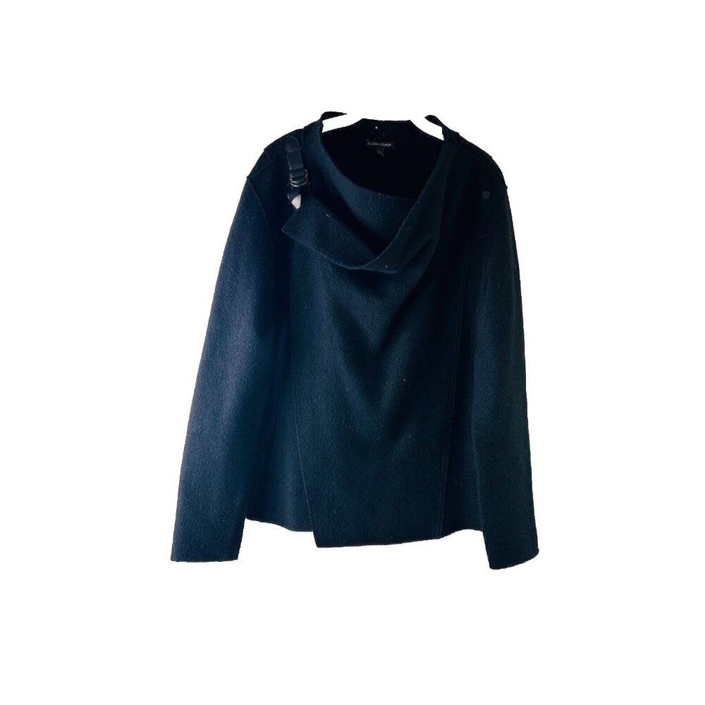 Eileen Fisher Worsted Wool Buckle Draped Sweater Black